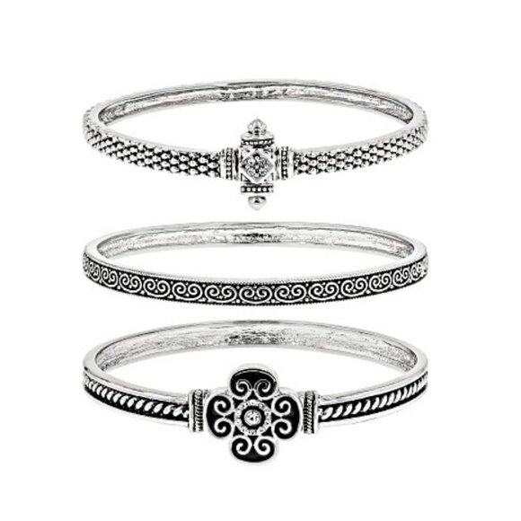 NWT - Paula Deen Crystal Silver Quatrefoil Bangle Bracelet Set of 3 - Stackable - Picture 2 of 10